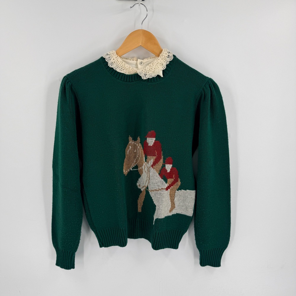 Vintage Equestrian Green Sweater XS Lace Collar Horse Jockey Victorian Heritage